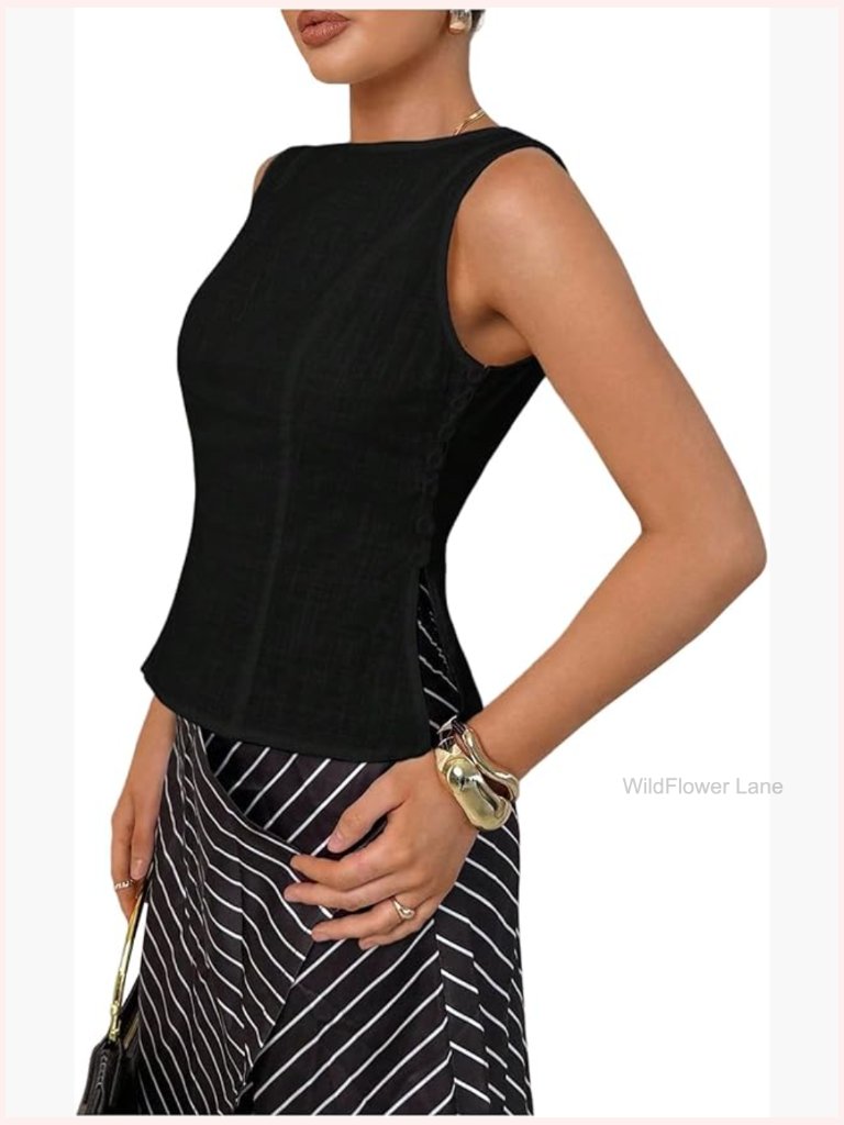 Side Slit Button Down Blouse Sleeveless Round Neck Casual Summer Going Out Top